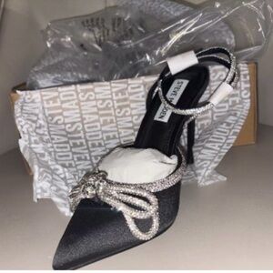 Steve Madden Black Satin Heels with Rhinestone Bow